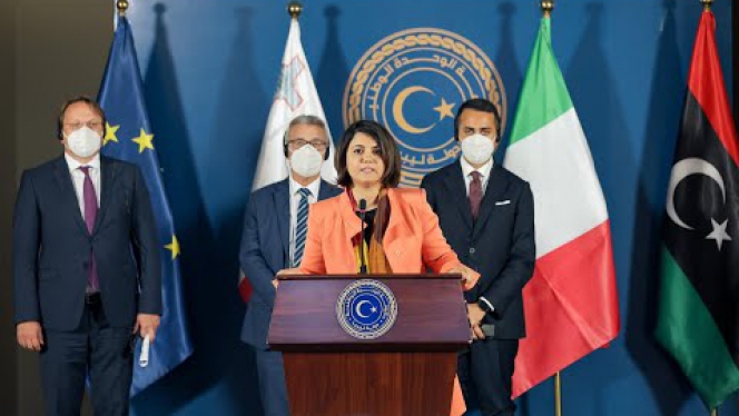مؤتمر صحفي مشترك لوزيرة الخارجية الليبية مع وزيري خارجية إيطاليا ومالطا ومفوض الاتحاد الأوروبي